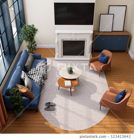 A modern living room with a cozy blue sofa, stylish chairs, a coffee table, and a decorative rug, complemented by natural light and greenery. 3D rendering A modern living room with a cozy blue sofa, stylish chairs, a coffee table, and a decorative rug, complemented by natural light and greenery. 3D rendering 121423641