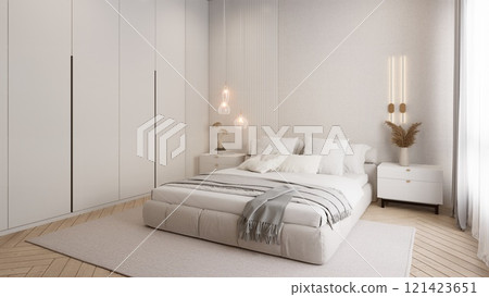 A modern, serene bedroom featuring a plush bed, neutral tones, and minimalistic decor, creating a cozy and inviting atmosphere. A modern, serene bedroom featuring a plush bed, neutral tones, and minimalistic decor, creating a cozy and inviting atmosphere. 121423651