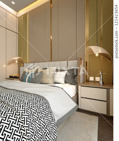 A stylish modern bedroom featuring a patterned bedspread, elegant lighting, and contemporary furnishings with a warm color palette. 3d rendering. A stylish modern bedroom featuring a patterned bedspread, elegant lighting, and contemporary furnishings with a warm color palette. 3d rendering. 121423654