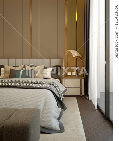A modern, stylish bedroom featuring elegant decor, a cozy bed with decorative pillows, and ample natural light from large windows. 3d rendering. 121423656