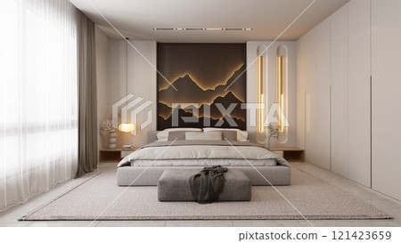 A modern bedroom featuring a neutral palette, textured wall, ambient lighting, and minimalist furniture, creating a serene and stylish atmosphere. 3d rendering A modern bedroom featuring a neutral palette, textured wall, ambient lighting, and minimalist furniture, creating a serene and stylish atmosphere. 3d rendering 121423659