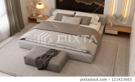 A modern bedroom featuring a spacious bed with neutral tones, cozy textiles, and stylish decor, creating a serene and inviting atmosphere. 3d rendering. A modern bedroom featuring a spacious bed with neutral tones, cozy textiles, and stylish decor, creating a serene and inviting atmosphere. 3d rendering. 121423663