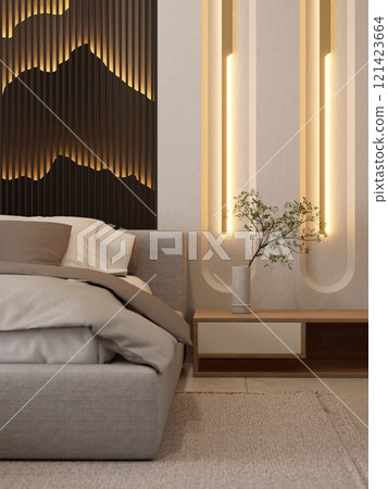 A modern bedroom featuring a stylish bed, decorative wall lighting, and a minimalist design with natural elements. 3d rendering. A modern bedroom featuring a stylish bed, decorative wall lighting, and a minimalist design with natural elements. 3d rendering. 121423664
