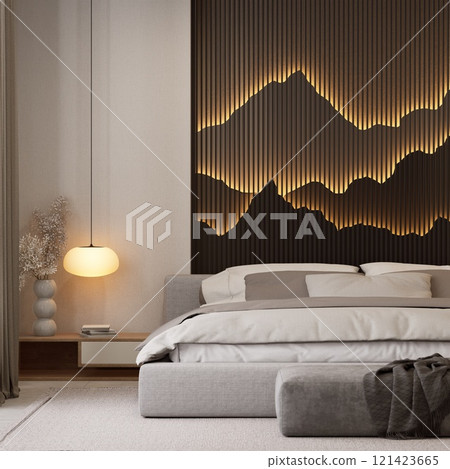 A modern bedroom featuring a minimalist design with warm lighting, a textured mountain-themed wall, and stylish furnishings. 3d rendering 121423665