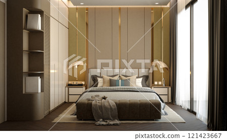 A modern bedroom featuring a stylish bed, elegant decor, and large windows allowing natural light, creating a serene and inviting atmosphere. 3d rendering 121423667
