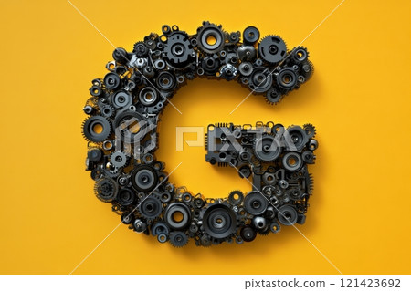 The letter G is made up of many gears and other mechanical parts The letter G is made up of many gears and other mechanical parts 121423692