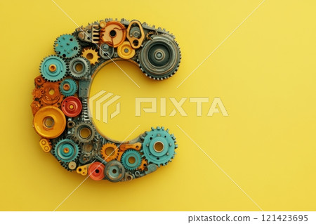 The image is a colorful and intricate design of a letter C made up of various gears 121423695