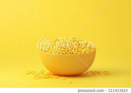 A bowl of yellow pasta is on a yellow background 121423825