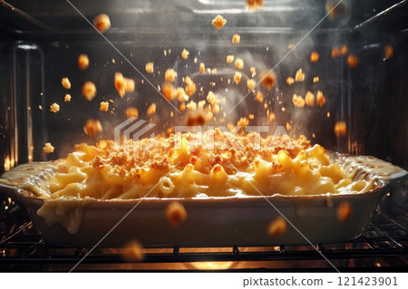 A dish of macaroni and cheese is in an oven, with the cheese A dish of macaroni and cheese is in an oven, with the cheese 121423901