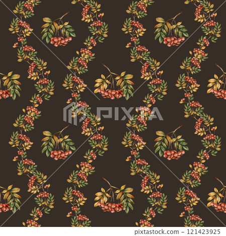 Rowanberry branch with leaves. Autumn floral seamless pattern on dark black background. Watercolor hand drawn illustration for fall design, home textile, wrapping paper, wallpaper, fabric Rowanberry branch with leaves. Autumn floral seamless pattern on dark black background. Watercolor hand drawn illustration for fall design, home textile, wrapping paper, wallpaper, fabric 121423925