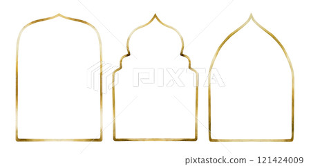 Muslim golden frames set. Islamic window or door arch, Mosque gate shape. Ramadan Kareem design elements in Arabic style. Watercolor hand drawn isolated illustration for Muslim holiday Eid Mubarak 121424009