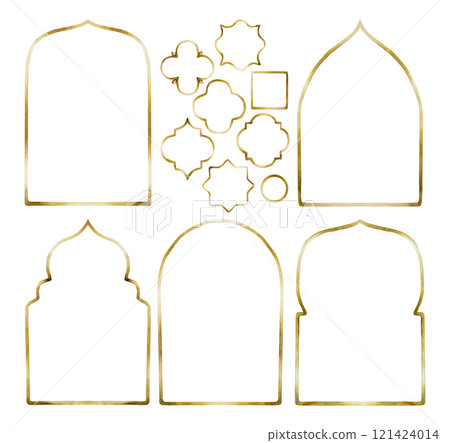 Islamic golden frames and ornaments set. Oriental decorative design elements. Window or door arch. Watercolor hand painted isolated illustration for Ramadan Kareem design, Muslim holiday, Eid Mubarak 121424014