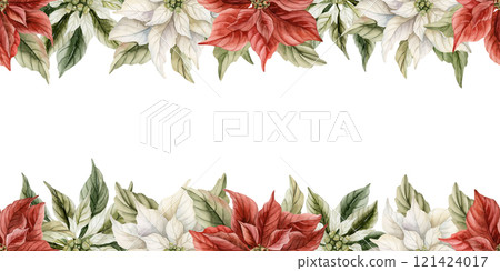 Poinsettia Flowers frame. Traditional Christmas Winter Decoration Plants. Watercolor hand drawn isolated vintage floral illustration for Christmas winter design, holiday prints, wrapping, cards 121424017