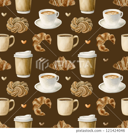 Coffee tea cups and fresh bakery dessert. Hot beverages and pastries. Seamless watercolor pattern on dark brown background for bakery coffee shop design, kitchen textile, cozy fabric, wrapping paper 121424046