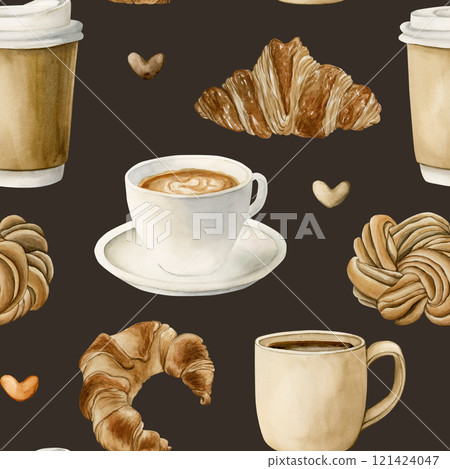 Coffee tea cups and fresh bakery dessert. Hot beverages and pastries. Seamless watercolor pattern on dark black background for bakery coffee shop design, kitchen textile, cozy fabric, wrapping paper 121424047