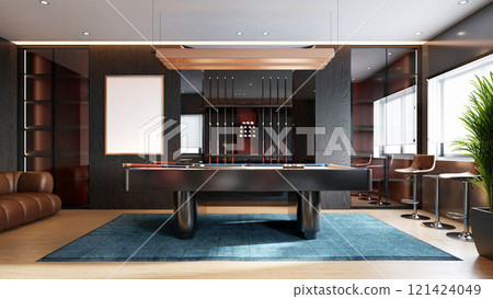 A modern lounge featuring stylish furniture, a pool table, and ample natural light, creating a sophisticated yet relaxed atmosphere. 3D rendering 121424049