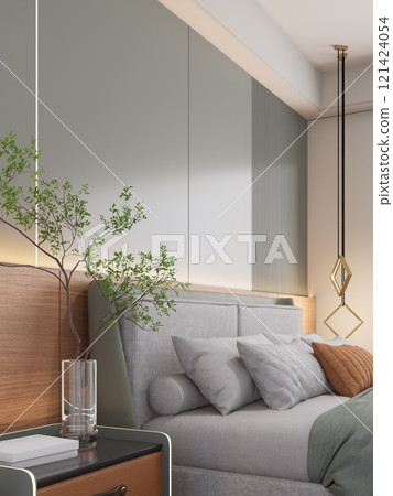 A modern bedroom featuring a soft color palette, minimalist decor, a cozy bed with cushions, and stylish lighting elements. 3D rendering 121424054