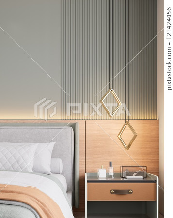 A modern bedroom featuring a stylish grey bed, wooden accents, and geometric decorative elements creating a serene and elegant atmosphere. 3D rendering 121424056
