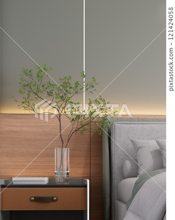 A modern bedroom scene with a vase and plant, soft lighting, and a stylish bed, creating a serene and inviting atmosphere. 3D rendering 121424058