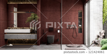 A modern bathroom featuring earthy tones, minimalist design, and natural elements, combining functionality with aesthetic appeal. 3D rendering A modern bathroom featuring earthy tones, minimalist design, and natural elements, combining functionality with aesthetic appeal. 3D rendering 121424061