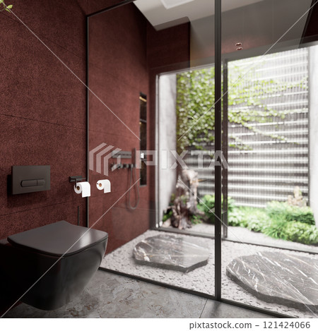 A modern bathroom with a black toilet, sleek fixtures, and a glass enclosure leading to an outdoor garden space. 3D rendering A modern bathroom with a black toilet, sleek fixtures, and a glass enclosure leading to an outdoor garden space. 3D rendering 121424066