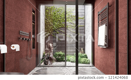 A modern bathroom with rich red walls, a glass door opening to a serene garden, featuring natural elements and minimalist decor. 3D rendering 121424068