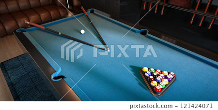 A well-lit pool table with cues and a triangular rack of colored balls, set in a cozy game room ambiance. 3D rendering 121424071