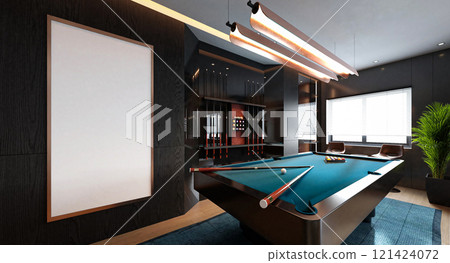 A modern game room with a sleek pool table, stylish lighting, and comfortable seating, perfect for entertaining and relaxation. 3D rendering 121424072