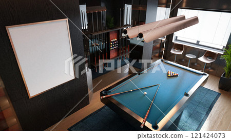 A modern billiard room featuring a sleek pool table, cue sticks, stylish lighting, and a cozy ambiance. 3D rendering 121424073