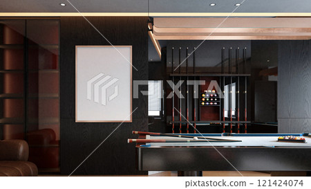 A modern lounge featuring a sleek pool table, dark cabinetry, and ambient lighting, creating a sophisticated and inviting atmosphere. 3D rendering 121424074