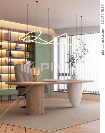A modern office space featuring a stylish desk, ergonomic chair, decorative lighting, and natural elements, creating an inviting and productive atmosphere. 3D rendering 121424080