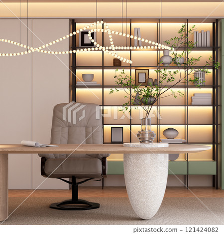 A modern office space with a stylish desk, ergonomic chair, decorative plant, and illuminated shelves, creating a serene and productive environment. 3D rendering A modern office space with a stylish desk, ergonomic chair, decorative plant, and illuminated shelves, creating a serene and productive environment. 3D rendering 121424082