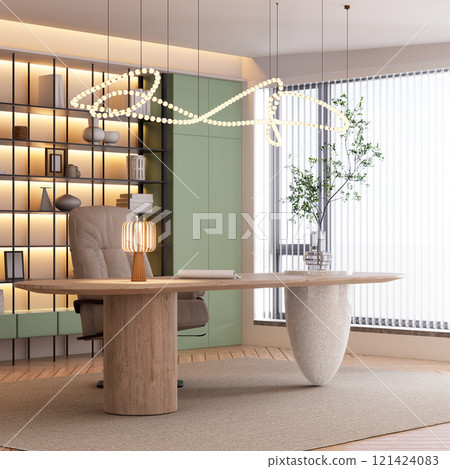 A modern office interior, stylish desk, comfortable chair, decorative lamp, and plant, complemented by a unique light fixture and a minimalist shelving unit. 3D rendering 121424083