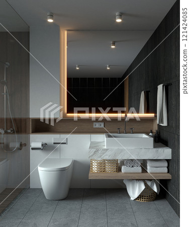 A modern bathroom with sleek fixtures, ambient lighting, and clean lines, creating a minimalist yet functional space. 3D rendering 121424085
