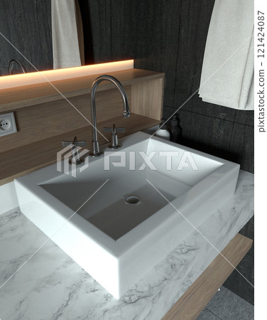 A modern, minimalist sink with a square design, set against a stylish countertop and subtle lighting, ideal for contemporary bathroom aesthetics. 3D rendering 121424087