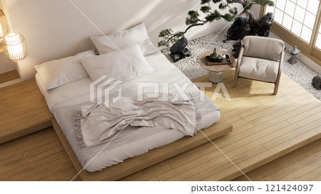 3D rendering of minimalist bedroom featuring a large bed, wooden flooring, and a cozy chair, complemented by natural decor elements for a tranquil atmosphere. 121424097