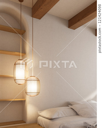A cozy, modern bedroom featuring wooden beams, minimalist decor, and stylish pendant lights casting a warm glow. 3D rendering A cozy, modern bedroom featuring wooden beams, minimalist decor, and stylish pendant lights casting a warm glow. 3D rendering 121424098