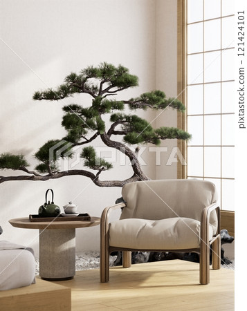 A serene interior with a modern chair, a bonsai tree, and a minimalist table, creating a tranquil and stylish atmosphere. 3D rendering 121424101