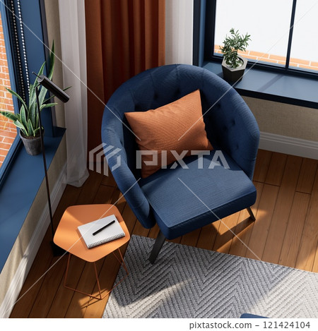 A cozy room with a blue chair with an orange pillow, a small table with a notebook, and greenery by the window, perfect for relaxation. 3D rendering A cozy room with a blue chair with an orange pillow, a small table with a notebook, and greenery by the window, perfect for relaxation. 3D rendering 121424104