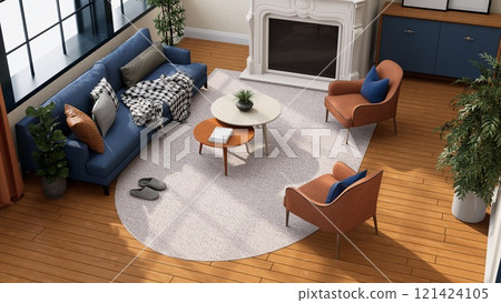 A cozy living room with a blue sofa, stylish chairs, a round table, and decorative plants, illuminated by natural light from large windows. 3D rendering A cozy living room with a blue sofa, stylish chairs, a round table, and decorative plants, illuminated by natural light from large windows. 3D rendering 121424105