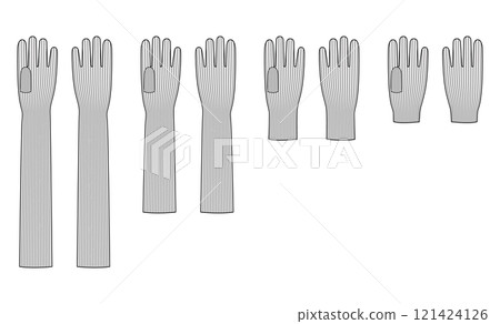 Set of Knit Wool Gloves Elbow Short Wrist length Fashion hand accessory clothing technical illustration garment.  121424126