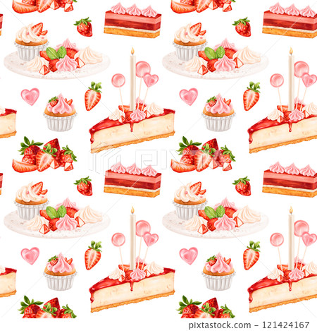 Seamless pattern with berry confectionery. Cake, cheesecake, cupcake, macaroon decorated with juicy strawberries, cream, cream, lollipops. Decorations for parties holidays. Hand drawing, background Seamless pattern with berry confectionery. Cake, cheesecake, cupcake, macaroon decorated with juicy strawberries, cream, cream, lollipops. Decorations for parties holidays. Hand drawing, background 121424167