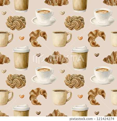 Coffee tea cups and fresh bakery dessert. Hot beverages and pastries. Seamless watercolor pattern on beige background for bakery coffee shop design, kitchen textile, fabric, wrapping paper, cozy print 121424274