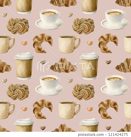 Coffee tea cups and fresh bakery dessert. Hot beverages and pastries. Seamless watercolor pattern on pale pink background for bakery coffee shop design, kitchen textile, cozy fabric, wrapping paper 121424275