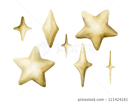 Cute stars, sparkles and twinkles set. Watercolor hand drawn illustration isolated on white background for nursery design, baby shower, Ramadan Kareem holiday, Eid Al Fitr, Adha, card, invitation 121424281