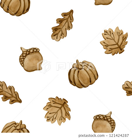 Gingerbread cookies. Autumn leaves, pumpkin and acorn shape. Leafy crust. Watercolor food seamless pattern on white background for bakery design, kitchen textile, delicious fabric, wrapping paper Gingerbread cookies. Autumn leaves, pumpkin and acorn shape. Leafy crust. Watercolor food seamless pattern on white background for bakery design, kitchen textile, delicious fabric, wrapping paper 121424287