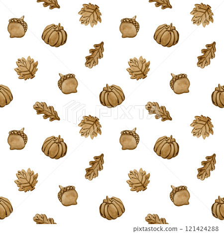 Gingerbread cookies. Autumn leaves, pumpkin and acorn shape. Leafy crust. Watercolor food seamless pattern on white background for bakery design, kitchen textile, delicious fabric, wrapping paper Gingerbread cookies. Autumn leaves, pumpkin and acorn shape. Leafy crust. Watercolor food seamless pattern on white background for bakery design, kitchen textile, delicious fabric, wrapping paper 121424288