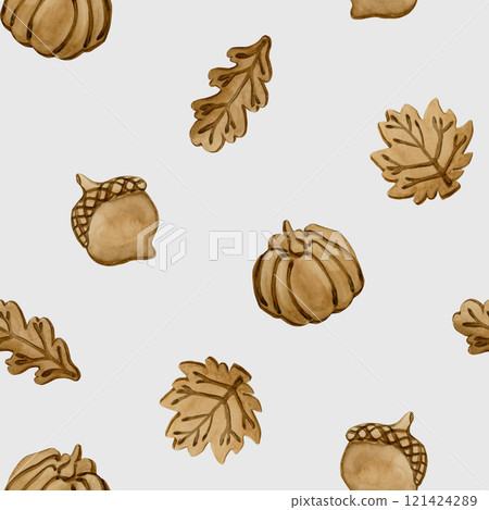 Gingerbread cookies. Autumn leaves, pumpkin and acorn shape. Leafy crust. Watercolor food seamless pattern on light blue background for bakery design, kitchen textile, delicious fabric, wrapping paper 121424289