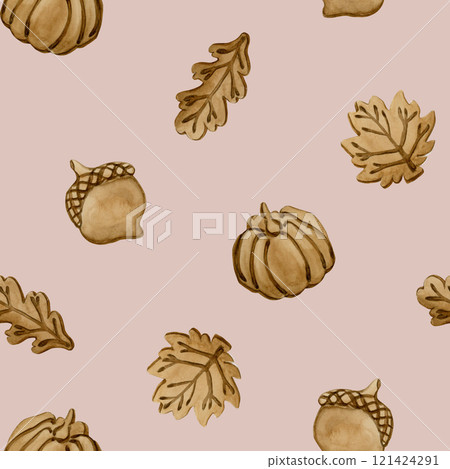Gingerbread cookies. Autumn leaves, pumpkin and acorn shape. Leafy crust. Watercolor food seamless pattern on pale pink background for bakery design, kitchen textile, delicious fabric, wrapping paper Gingerbread cookies. Autumn leaves, pumpkin and acorn shape. Leafy crust. Watercolor food seamless pattern on pale pink background for bakery design, kitchen textile, delicious fabric, wrapping paper 121424291