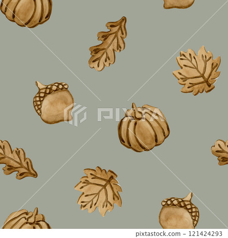 Gingerbread cookies. Autumn leaves, pumpkin and acorn shape. Leafy crust. Watercolor food seamless pattern on sage green background for bakery design, kitchen textile, delicious fabric, wrapping paper Gingerbread cookies. Autumn leaves, pumpkin and acorn shape. Leafy crust. Watercolor food seamless pattern on sage green background for bakery design, kitchen textile, delicious fabric, wrapping paper 121424293